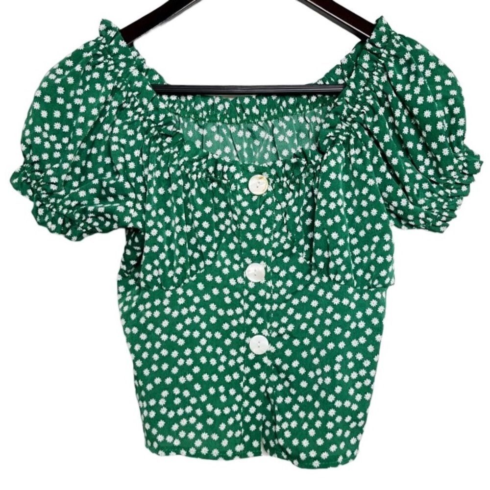 Floral Puffy Sleeve Button Down Crop Top Green and White Size Small